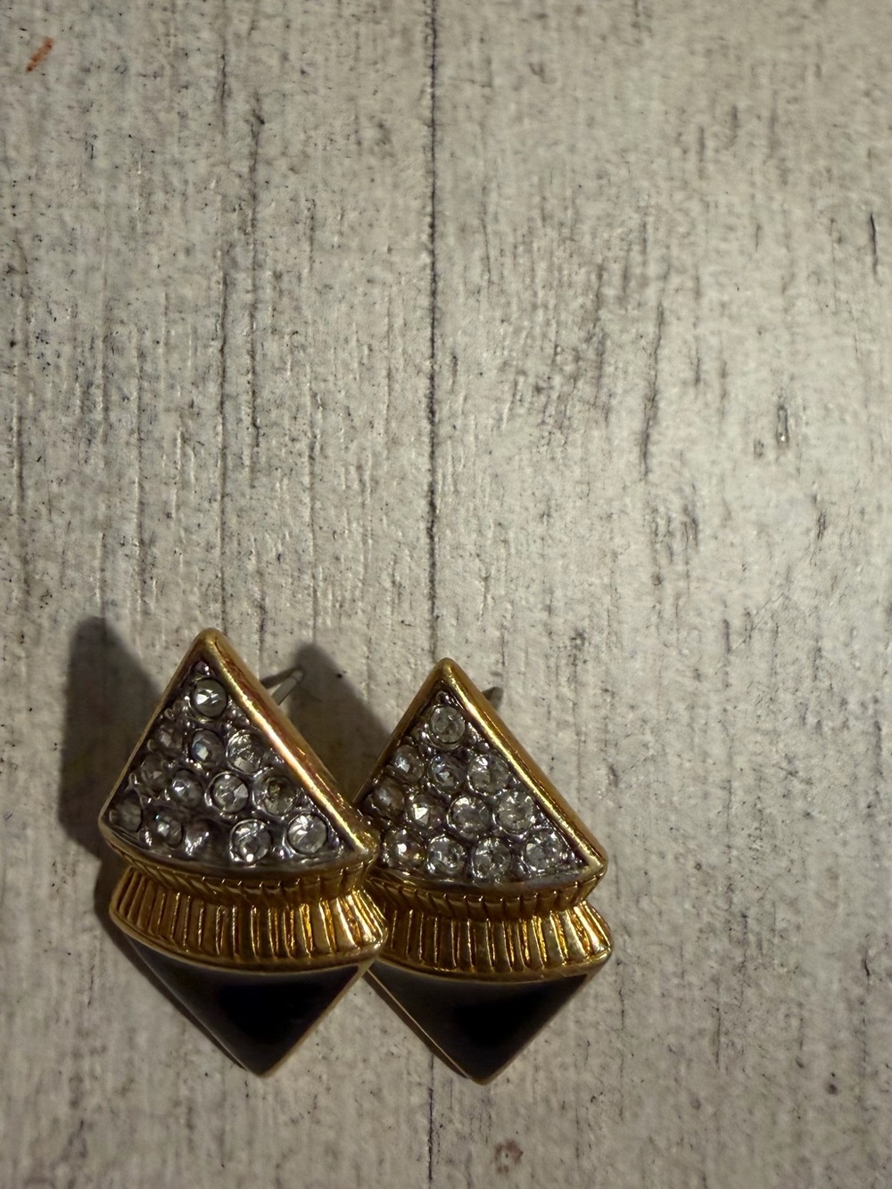 Trifari Gold Tone Rhinestone Geometric Triangle Stud Earrings